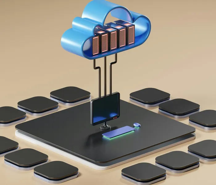 3D render of cloud infrastructure connected to servers and devices